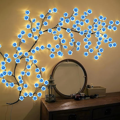 Blue Cherry Blossom LED Lights for Bedroom Decor, Cherry Blossom Willow Vine Branch with Remote Control,Flexible DIY Design,48 LED 8 Modes,for Party, Living Room, Wall Decorations (47inch)