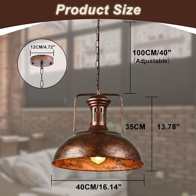 TAKEGO 16.14" 2 Pack Large Pendant Lights, Dome Copper Pendant Light, Farmhouse Hanging Light Kitchen Island, Vintage Pendant Lights Rustic Light Fixtures, Hanging Ceiling Lamp for Kitchen Island