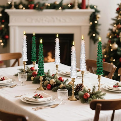 GenSwin Christmas Tree Flameless Candles with Remote Timer, White Christmas Tree LED Taper Candles with 3D Flickering Flame, 4 Pcs LED Candlesticks for Christmas Winter Home Decoration(0.78” x 9.8”)