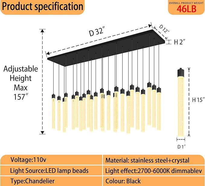 Modern Rectangular Crystal Chandeliers LED Dimmable Crystal Column Chandelier Living Room Foyer Crystals Pendant Light for Dining Room Adjustable Height 24-Light Black