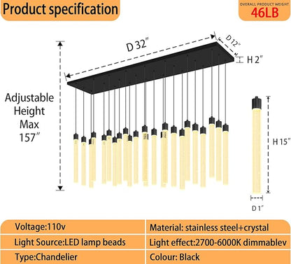 Modern Rectangular Crystal Chandeliers LED Dimmable Crystal Column Chandelier Living Room Foyer Crystals Pendant Light for Dining Room Adjustable Height 24-Light Black