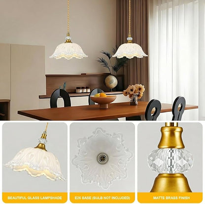 1 Piece Vintage Chandelier Light Fixtures with White Glass Shade, Matte Antique Brass Finish Pendant Light Kitchen Island, Adjustable Hanging Light for Dining Room, Hallway, Living Room, Bedroom