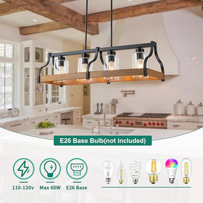 31.5" Farmhouse Chandeliers for Dining Room, 4-Light Kitchen Island Lights for Kitchen with Hand-blown Glass Shade, Faux Wood Black Kitchen Island Lighting Rustic Dining Room Light Fixtures over Table