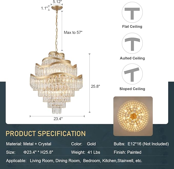 9-Tier Gold Crystal Chandelier 16 Lights Luxury Light Fixtures 24" K9 Crystal Pendant Ceiling Lighting for Living Room Dining Room Foyer Bedroom Kitchen, E12