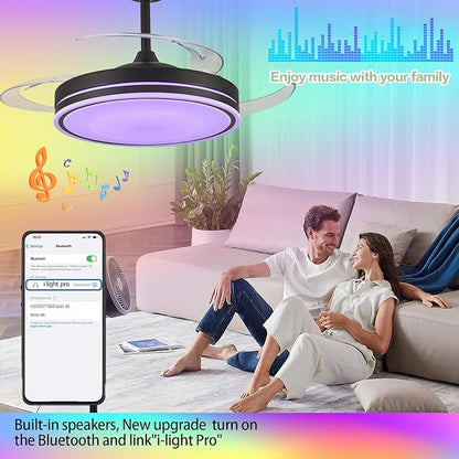48" Retractable RGB Ceiling Fan with Light, Build-in Speaker Modern Fandelier 6 Speeds Retractable Blades Dimmable Chandelier Ceiling Fan with Remote App Control Memory Timer Black