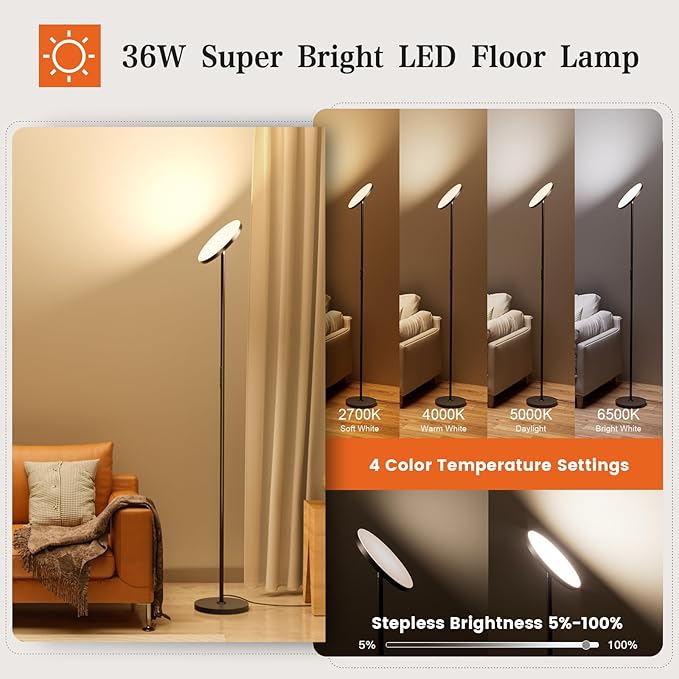 OHLUX Floor Lamps for Living Room, Bright LED Standing Lamp with Remote, Modern Color Changing Tall Lamp with Stepless Dimming, 69" Corner Floor Lamp for Bedroom, Office, Black