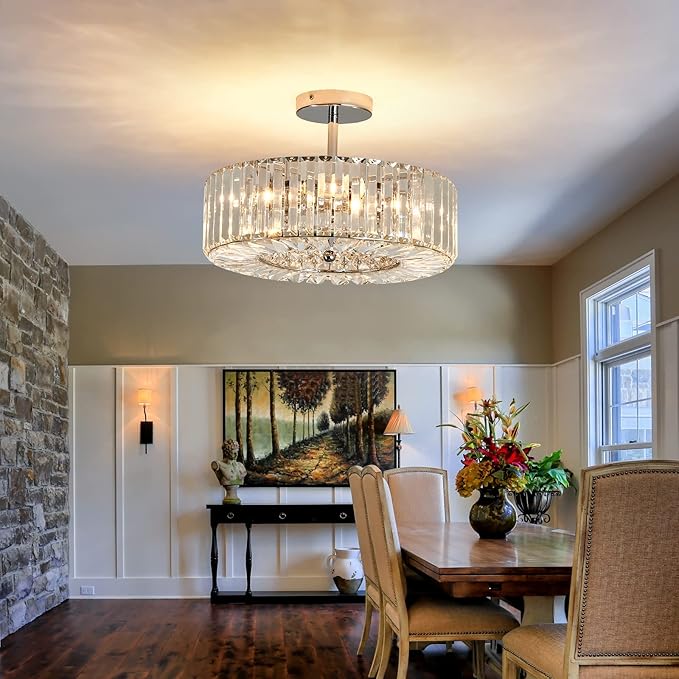 Piepooye 4 Lights Modern Crystal Chandelier Chrome Round Semi Flush Mount Ceiling Light Fixture Farmhouse Chandelier for Dinning Room Living Room Bedroom Hallway Entryway Kitchen