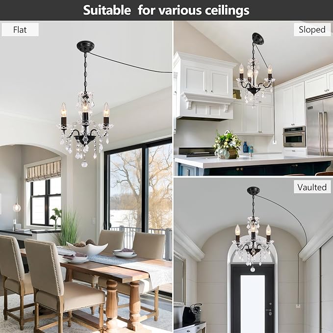 Plug in Chandelier with Glass Crystals, 3-Light Black Miniature Crystal Chandelier, Modern Antique Pendant Light for Small Spaces, Bedroom Kitchen Island Entryway Covered Patio, E12 Base
