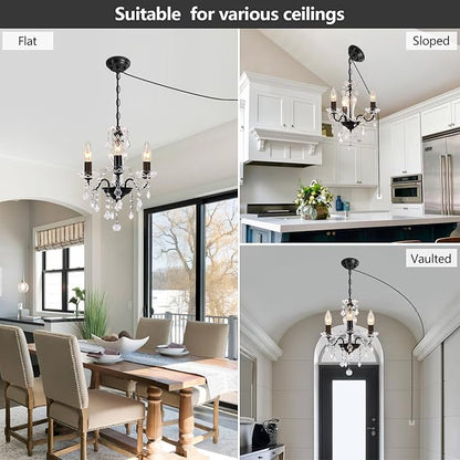 Plug in Chandelier with Glass Crystals, 3-Light Black Miniature Crystal Chandelier, Modern Antique Pendant Light for Small Spaces, Bedroom Kitchen Island Entryway Covered Patio, E12 Base