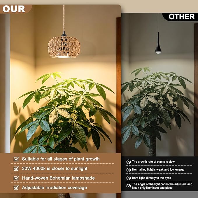 Grow Lights for Indoor Plants, Full Spectrum Plant Light, with Timer and 15FT Power Cord, 30W Pendant Plant Lights for Indoor Growing, Garden, Flowers, Greenhouse (4000-K, Weaving Style-7)