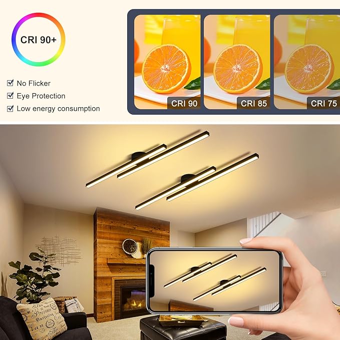 Black Modern LED Ceiling Light Fixtures with Remote 3000K/4500K/6000K Close to Ceiling Lights Creative Design Ceiling Lamp for Bedroom Kitchen Living Room Dining Room (32W, 2 Lights)