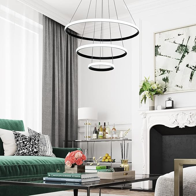 Modern LED Pendant Light, Adjustable Height Circular Entrance Black 3 Ring Circular Chandelier Fixture, Suitable for Restaurants, Kitchens, Islands, Living Rooms, Cafes, Etc. (4000K)
