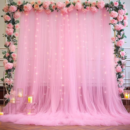10ft×15ft Pink Tulle Backdrop Curtains with Lights String for Parites Pink Sheer Backdrop Curtains for Baby Shower Girls Birthday Party Wedding Bridal Shower Photo Shoot Background 2 Panels 5×15ft