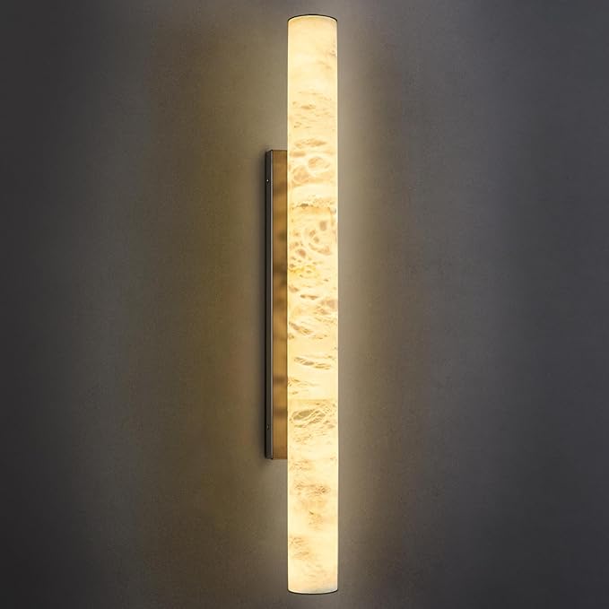 LMQNINE Natural Alabaster Wall Sconces Spanish Marble Wall Light Cylinder Modern Black LED Sconce for Living Room Bedroom Bathroom Stairs（L-1Pack）