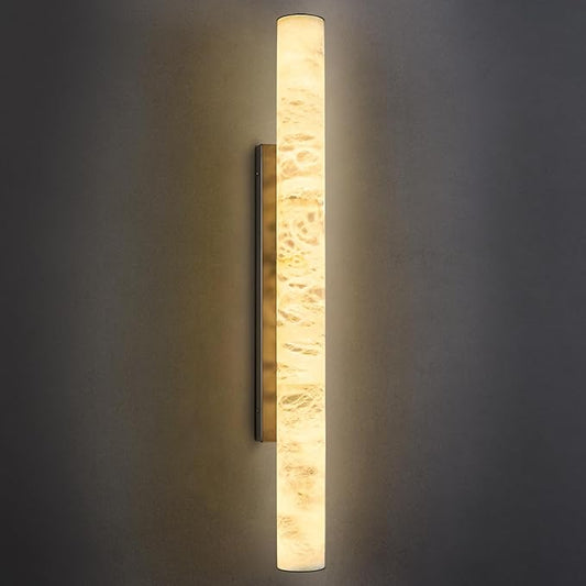 LMQNINE Natural Alabaster Wall Sconces Spanish Marble Wall Light Cylinder Modern Black LED Sconce for Living Room Bedroom Bathroom Stairs（L-1Pack）