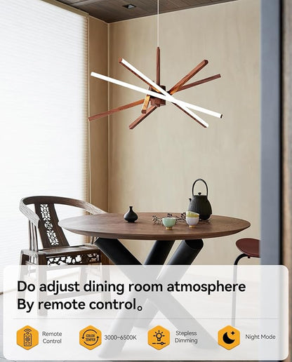Modern Sputnik Chandelier Ceiling LED Black Pendant Light Embedded Mount Chandeliers Dining Room Light Fixtures Over Table Dimmable with Remote Control for Living Room Kitchen Bedroom (Wood Color)
