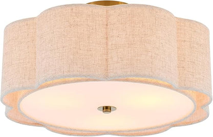Semi Flush Mount Ceiling Light, Beige Linen Fabric Shade Ceiling Light, Golden Modern Farmhouse Close to Ceiling Light for Bedroom, Hallway, Living Room, Dining Room, Laundry Room