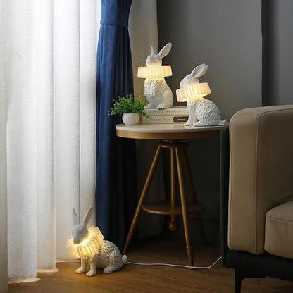 Cute Scarf Bunny Table Lamp, Resin Rabbit Nightstand Lamp with White Pleated PC Lampshade, USB Plug Energy Efficient LED Night Light, Kids Bedside Lamp for Bedroom Nursery Room Decor
