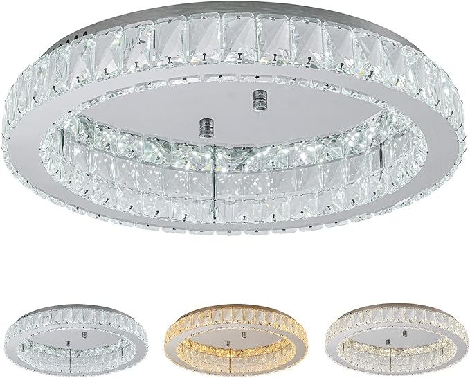 HOPGGIE 18" Crystal Chandelier with Remote Control LED Flush Mount Ceiling Light Fixtures Modern Round Ring Chandelier Light for Living Room Bedroom Dining Room (dimmable)