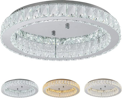 HOPGGIE 18" Crystal Chandelier with Remote Control LED Flush Mount Ceiling Light Fixtures Modern Round Ring Chandelier Light for Living Room Bedroom Dining Room (dimmable)