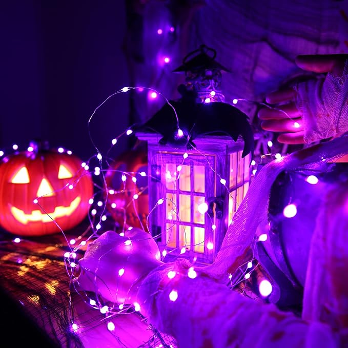 BrizLabs Purple Halloween Lights, 2 Pack 17.48ft 50 LED Purple Fairy Lights with Remote, 8 Modes Battery Operated Halloween Light Indoor Outdoor Twinkle Light for DIY Christmas Party Home Tree Decor