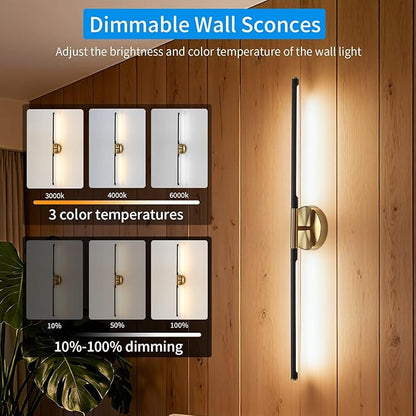 31.5 Inch Battery Operated Wall Sconces of Two, Modern Wireless Rechargeable Wall Lights with Remote Control, 3000K-6000K Dimmable, 350° Rotatable for Living Room, Bedroom, Hallway Decor