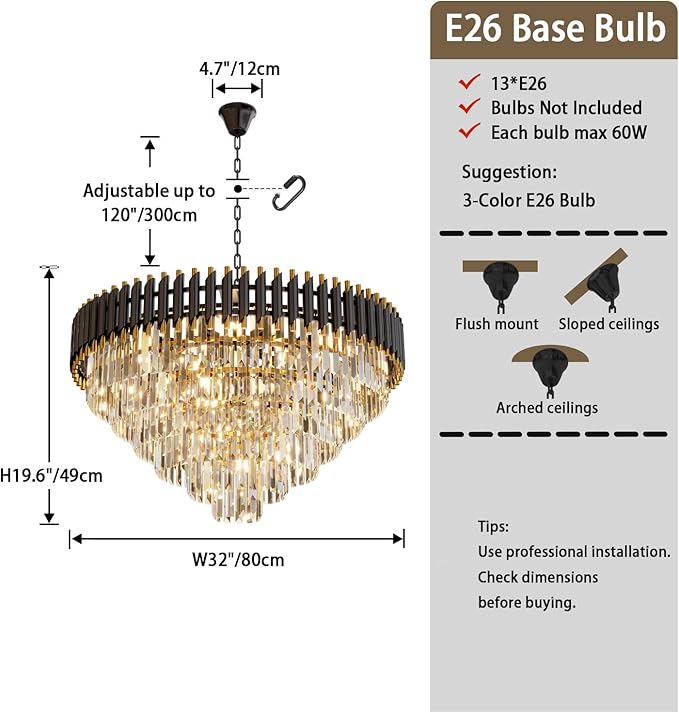 32 inch Black Gold Crystal Chandelier 6-Tier Modern Luxury Pendant Light Fixture for High Ceiling 13-Light Large K9 Crystal Lighting for Foyer Living Room Dining Room