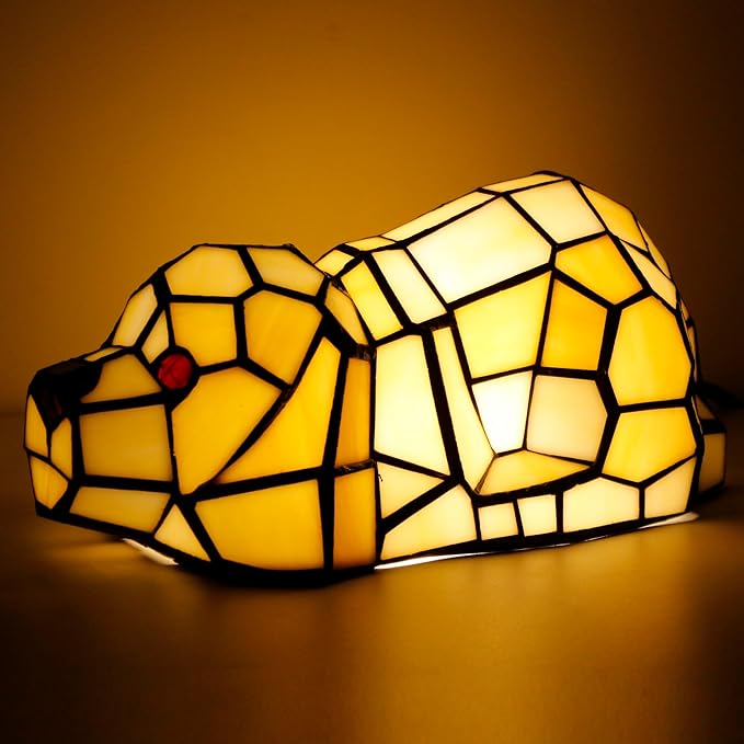 Small Tiffany Lamp Stained Glass Animal Table Lamp Mini Accent Desk Light (Amber White Dog)
