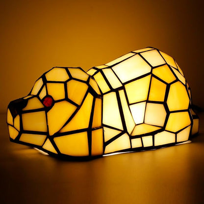 Small Tiffany Lamp Stained Glass Animal Table Lamp Mini Accent Desk Light (Amber White Dog)