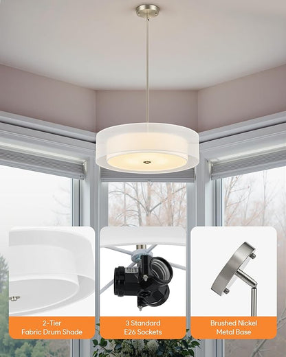 VONLUCE Drum Chandelier, 20.1" 3-Light Modern Chandelier with 2-Tier Fabric Lampshade, Modern Ceiling Light Fixture for Dining Room Bedroom Living Room with E26 Sockets, Nickel Finish, ETL Certified