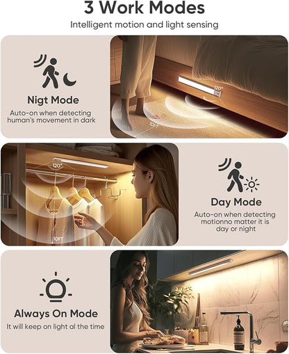 Under Cabinet Lighting Wireless, 2200mAh Rechargeable Motion Sensor Light Indoor, 3 Color Temps, Dimmable, Wireless LED Closet Lights Remote, Magnetic Under Counter Light for Kitchen, Pantry, 4 Pack