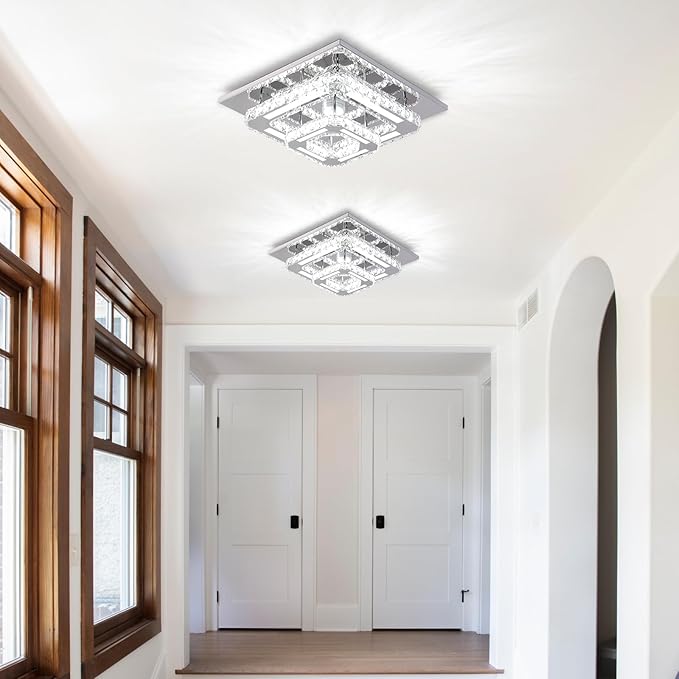 FRIXCHUR 12" Crystal Ceiling Light Crystal Chandelier LED Square Flush Mount Ceiling Light 2-Layer K9 Crystal Ceiling Fixture for Bedroom Living Room Dining Room Hallway Staircase Kitchen Closet