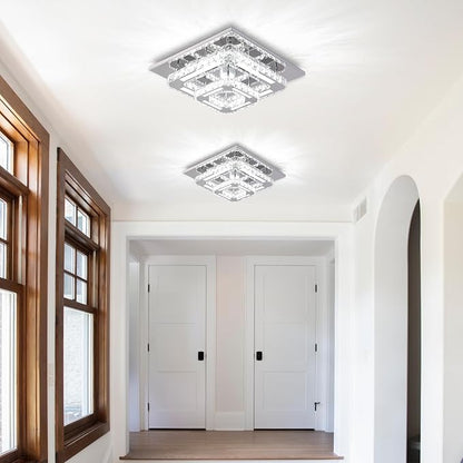 FRIXCHUR 12" Crystal Ceiling Light Crystal Chandelier LED Square Flush Mount Ceiling Light 2-Layer K9 Crystal Ceiling Fixture for Bedroom Living Room Dining Room Hallway Staircase Kitchen Closet