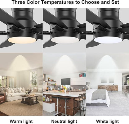 YUHAO 42 Inch Flush Mount Black Ceiling Fan with Light and Remote Control.Noiseless,Dimmable,3CCT,6 Speeds Reversible, Low Profile DC Ceiling Fans for Indoor or Covered Outdoor Use,ETL Listed