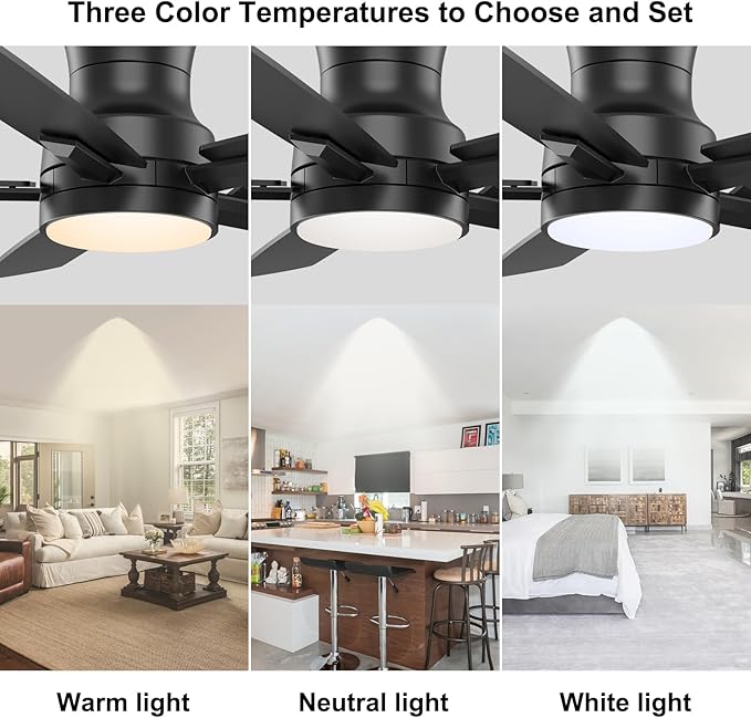 YUHAO 52 Inch Flush Mount Black Ceiling Fan with Light and Remote Control.Noiseless,Dimmable,3CCT,6 Speeds Reversible, Low Profile DC Ceiling Fans for Indoor or Covered Outdoor Use,ETL Listed