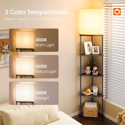 addlon Floor Lamp with Shelves, 5-Tier Adjustable Corner Lamp with 3 Color Temperatures & Linen Shade, Modern Floor Lamps for Living Room, Home Office & Bedroom (E26 LED Bulb Included, 800lm) - Black