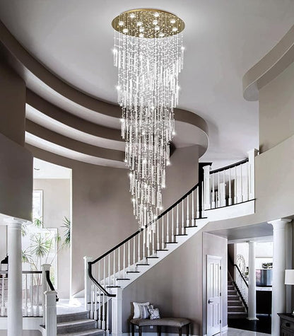 98'' Modern Crystal Chandelier High Ceiling Chandeliers for Entryway Large Raindrop Chandeliers LED Dimmable Flush Mount Light Fixtures for Staircaes Foyer Hallway Living Room LED Bulbs Included Gold