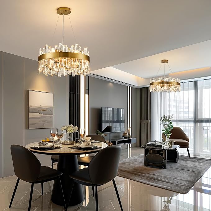 Siljoy Modern Gold Round Crystal Chandelier, 12-Light Luxury 2-Tiers K9 Crystal Raindrop Chandelier, Dimmable Crystal Ceiling Light for Dining Room Living Room Bedroom Foyer D19.7''