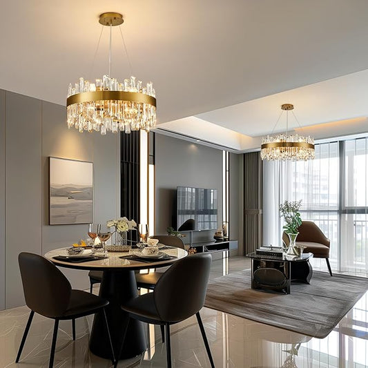 Siljoy Modern Gold Round Crystal Chandelier, 12-Light Luxury 2-Tiers K9 Crystal Raindrop Chandelier, Dimmable Crystal Ceiling Light for Dining Room Living Room Bedroom Foyer D19.7''