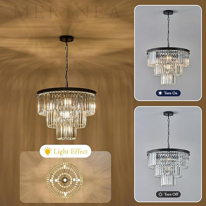 Crystal Chandeliers Black Modern Round 20" Chandelier 7 Lights 3-Tier Ceiling Pendant Light Fixture Luxury K9 Crystal Lighting for Living Room Dining Room Bedroom Kitchen Foyer