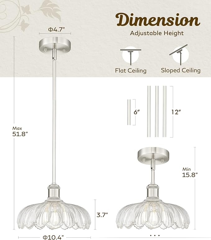 FEMILA 2 Pack Kitchen Island Lighting, Brushed Nickel Pendant Light, Hanging Light Fixture for Bedroom Hotel Living Room, E26 Base, 4FJX82MIL-2PK BN