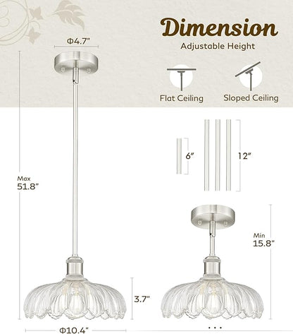 FEMILA 10.4" Brushed Nickel Pendant Lighting, Flower Glass Pendant Light Vintage Light Fixtures for Bedroom Hotel Dining Room, 4FJX82MIL BN