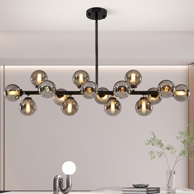 Grey Linear Chandelier, Modern Sputnik Ceiling Fixture with Adjustable Height & Dimmable Glass Shades for Dining Room, Office, Mid-Century Design