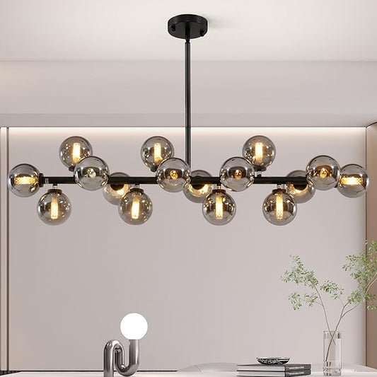 Grey Linear Chandelier, Modern Sputnik Ceiling Fixture with Adjustable Height & Dimmable Glass Shades for Dining Room, Office, Mid-Century Design