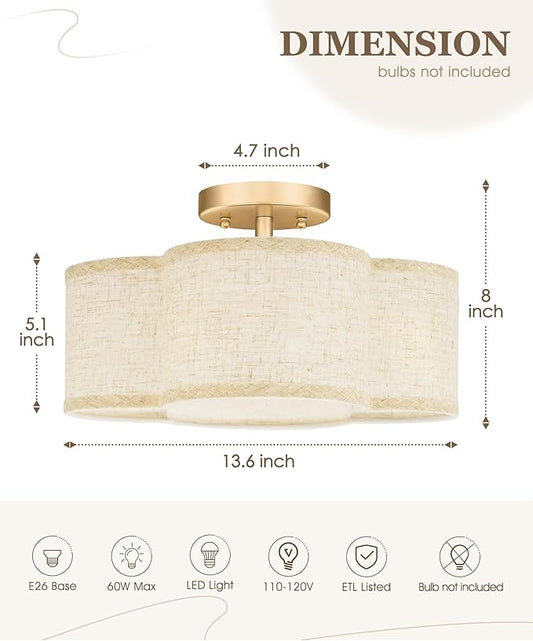 Gold Semi Flush Mount Ceiling Lights, 4-Light 14" Gold Light Fixtures Ceiling Mount with Fabric Shade in Quatrefoil Shape, Drum lighting fixture for Nursery Bedroom Kitchen, AD-22007-4SF-GD-B