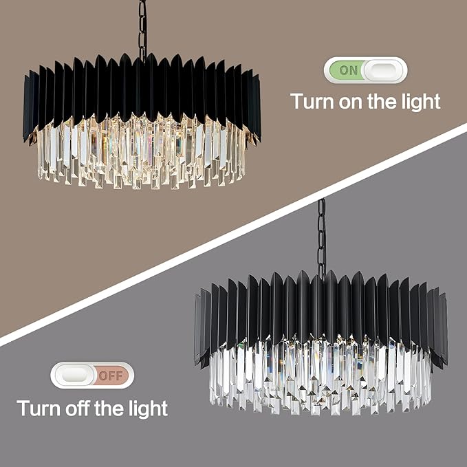 Modern 24" Black Crystal Chandelier Dimmable 8-Lights 3 Tiers Round Chandeliers K9 Crystal Ceiling Pendant Light Fixtures for Living Room Dining Room Bedroom Foyer Entryway