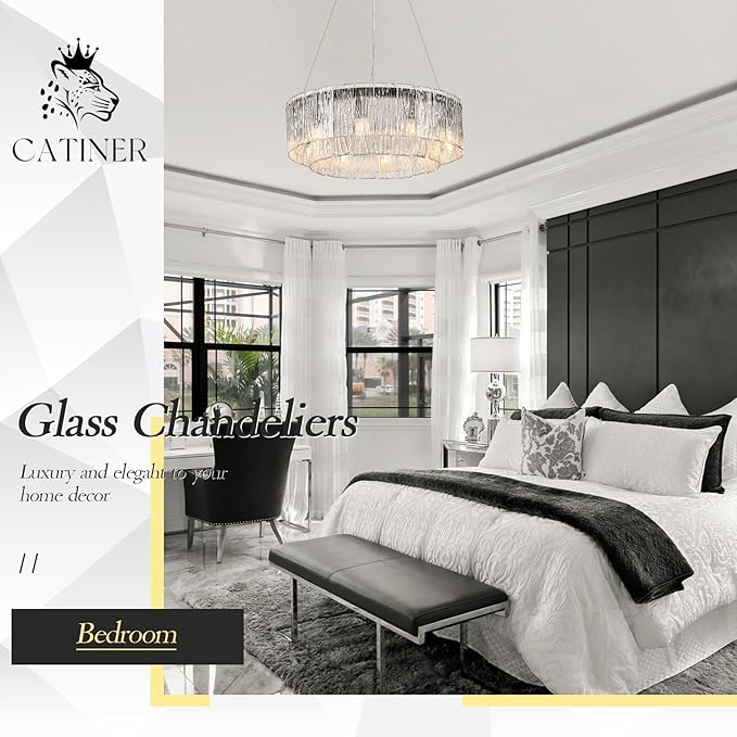 CATINER Modern Crystal Glass Round Chandelier 24”Black Chandeliers 10-Light Drum Pendant Ceiling Light Fixtures Luxury 2 Tiers Hanging Lighting for Dining Room Foyer Living Room Bedroom