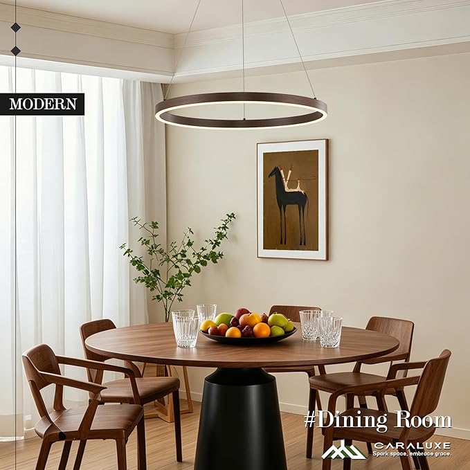 LED Ring Chandelier Walnut Wood Chandelier 24in Dimmable Round Foyer Chandeliers Light Modern Circular Chandeliers Wood-Printed Adjustable Pendant Light Fixture for Dining Room Entry Bedroom Office