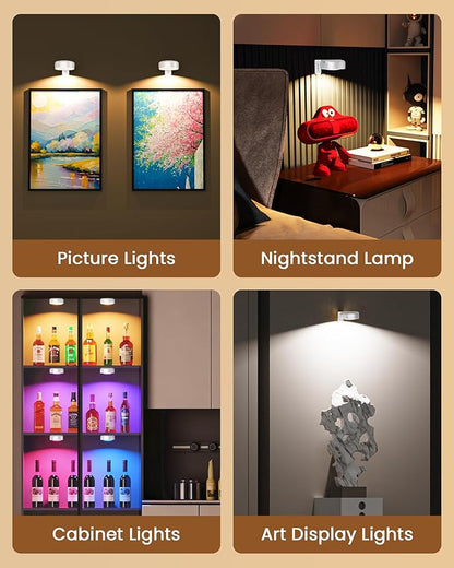 Picture Lights for Wall,Wireless 2000mAh Rechargeable Magnetic LED Puck Lights with Remote,3 Color Temps and 12 RGB,Dimming & Timer,Art Frame Light for Painting Display,Photos,Wall Decor(6 Pack)