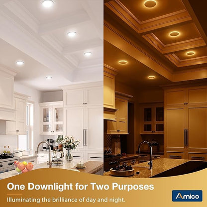 Amico 20 Pack 4 Inch 5CCT LED Recessed Ceiling Light with Night Light, 2700K/3000K/3500K/4000K/5000K Selectable Ultra-Thin Recessed Lighting, 10W=90W, 700LM, Dimmable Canless Wafer Downlight - ETL&FCC